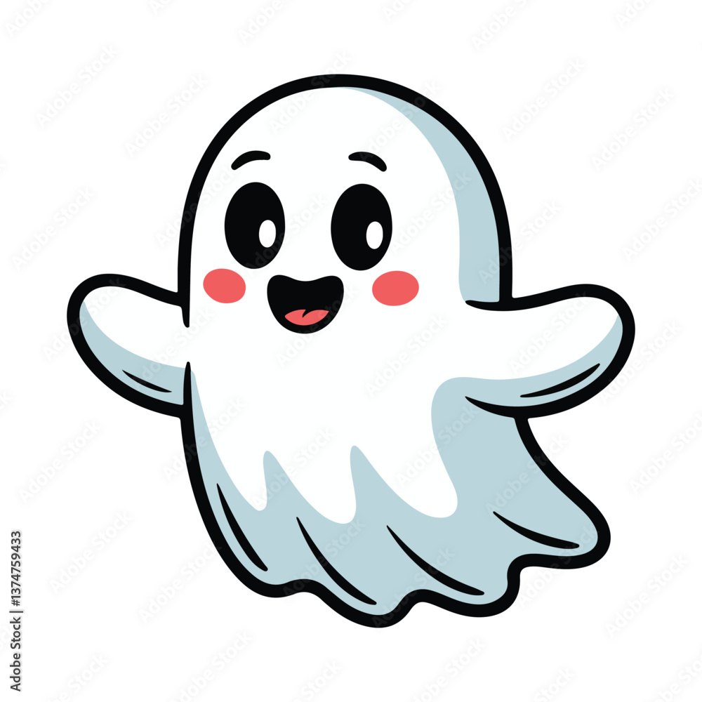 Cute Cartoon Ghost Character, Friendly Smiling Ghost, Fun Halloween Illustration Cute Cartoon Ghost Character, Friendly Smiling Ghost, Fun Halloween Illustration