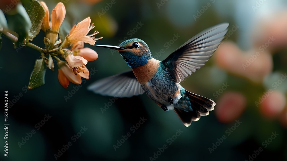 Fototapeta premium Vibrant hummingbird with iridescent blue-green feathers hovers near coral-colored flowers, wings spread in mid-flight against dark green natural background.