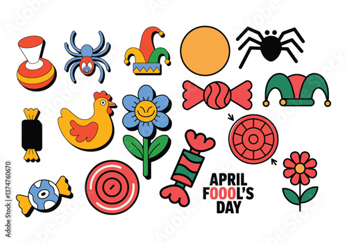 April Fools' Day Fun Icons, Colorful Prank Elements and Playful Symbols