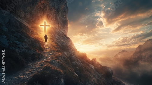 Person Walking Through Canyon Toward Glowing Cross