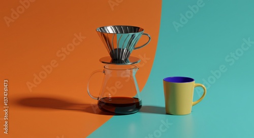 Still life of coffee brewing with metal pour over and yellow mug on split orange and blue background