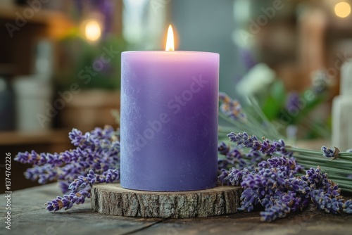 Lavender candle on wooden base surrounded by fresh lavender flowers in a cozy indoor setting