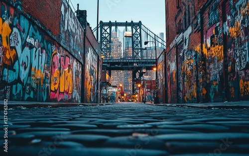 Vibrant Urban Alleyway Graffiti with Bridge View suitable for real estate listing