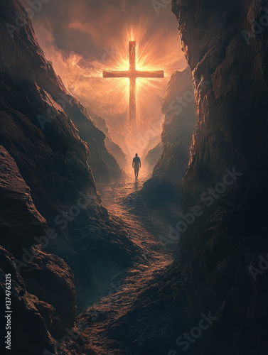 Person Walking Through Canyon Toward Glowing Cross