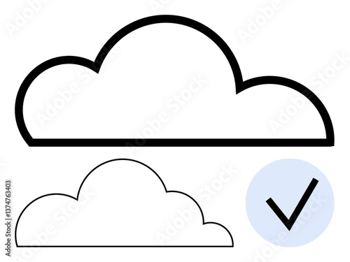 Minimalistic bold and thin cloud outlines paired with a blue checkmark. Ideal for weather apps, approval processes, cloud storage, internet services, data security, compliance themes, flat simple