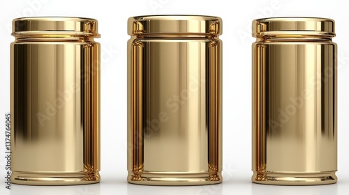 Obraz na płótnie Three shiny golden cylinders are displayed against a clean background, highlighting their polished surface and conveying a sense of luxury and elegance in design. w salonie
