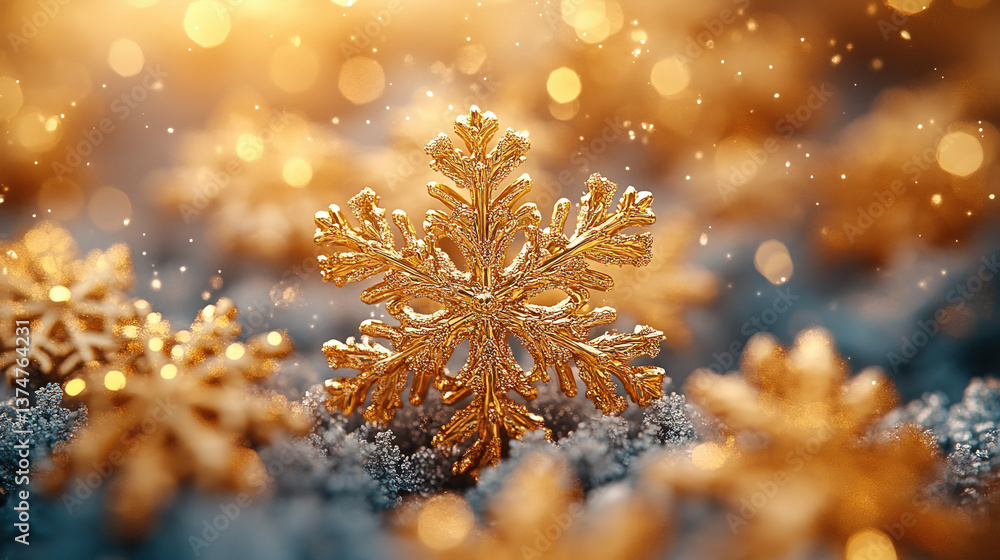 Fototapeta premium Merry Christmas, Happy New Year. Glitter yellow background golden Christmas snowflakes close up. Monochrome snowflake Christmas background gold, luxury, flat lay, snowflakes, copy space