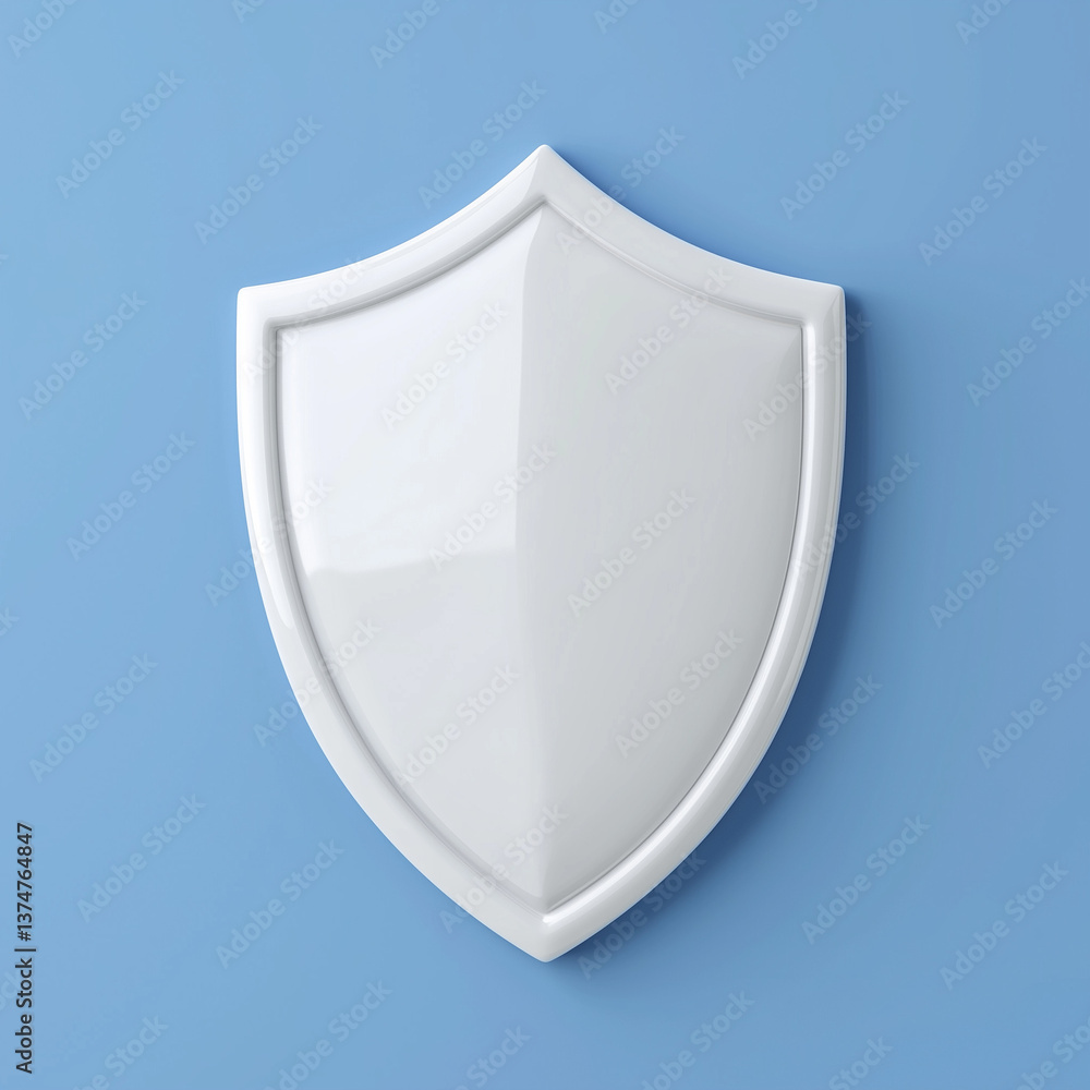 3D rendered white shield with a subtle metallic outline against a blue background. 3D rendered white shield with a subtle metallic outline against a blue background.