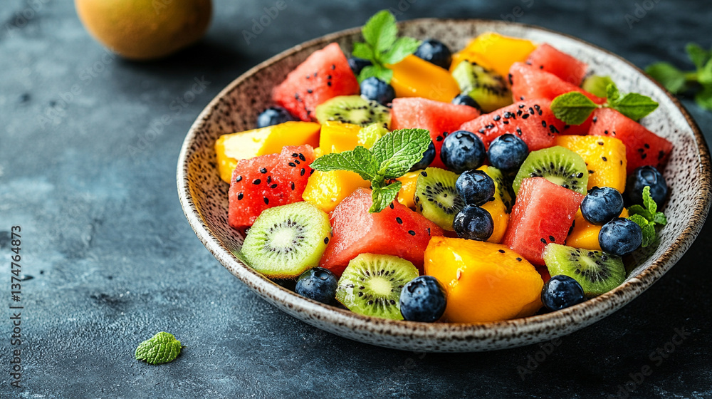 vibrant plate of mixed fruit salad featuring watermelon, kiwi, mango, and blueberries symbolizing freshness, vitality, and the essence of healthy living in a modern lifestyle vibrant plate of mixed fruit salad featuring watermelon, kiwi, mango, and blueberries symbolizing freshness, vitality, and the essence of healthy living in a modern lifestyle