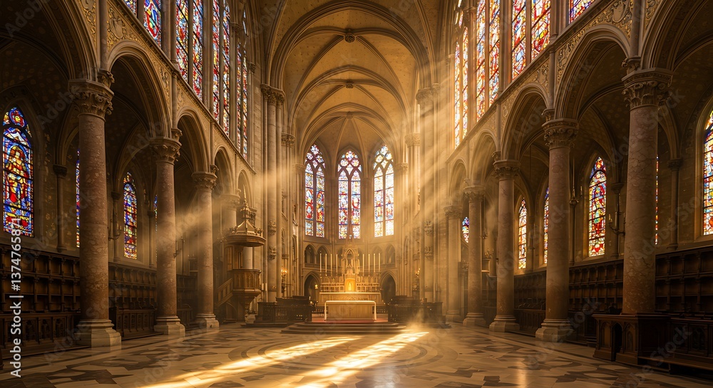 Fototapeta premium Sunlight Streaming Through Stained Glass Windows Inside Grand Cathedral