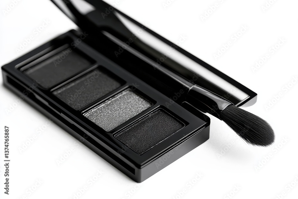A white background serves as the setting for an eye shadow palette and a professional makeup brush A white background serves as the setting for an eye shadow palette and a professional makeup brush