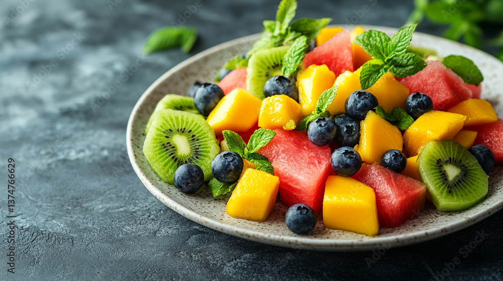 vibrant plate of mixed fruit salad featuring watermelon, kiwi, mango, and blueberries symbolizing freshness, vitality, and the essence of healthy living in a modern lifestyle vibrant plate of mixed fruit salad featuring watermelon, kiwi, mango, and blueberries symbolizing freshness, vitality, and the essence of healthy living in a modern lifestyle