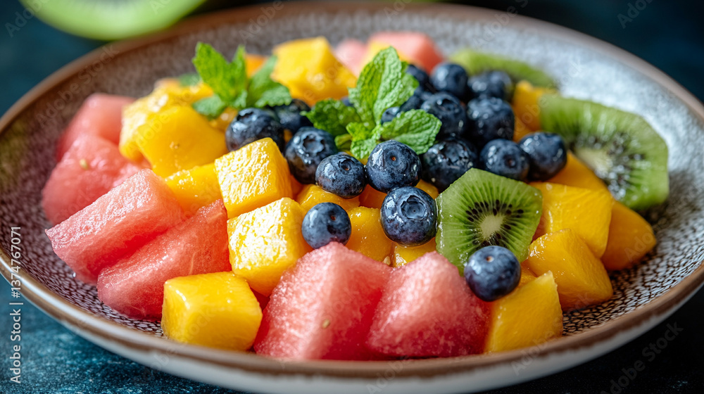 vibrant plate of mixed fruit salad featuring watermelon, kiwi, mango, and blueberries symbolizing freshness, vitality, and the essence of healthy living in a modern lifestyle vibrant plate of mixed fruit salad featuring watermelon, kiwi, mango, and blueberries symbolizing freshness, vitality, and the essence of healthy living in a modern lifestyle