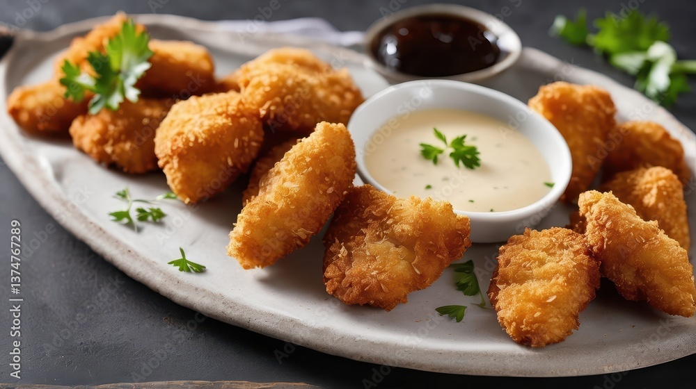 a plate of golden, crispy chicken nuggets, their perfectly textured breading glistening under soft, directional lighting. a plate of golden, crispy chicken nuggets, their perfectly textured breading glistening under soft, directional lighting.