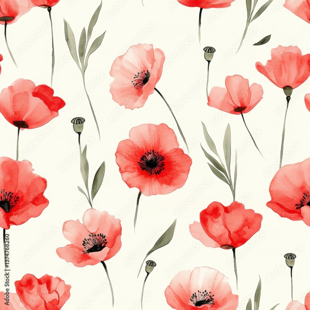 Delicate Watercolor Poppies with Minimal Details in Soft Hues Delicate Watercolor Poppies with Minimal Details in Soft Hues