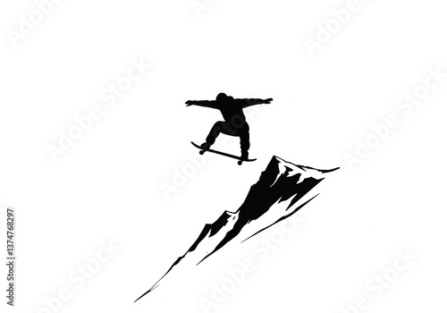 Wallpaper Mural Silhouette of a skateboarder performing an aerial trick over a mountain peak, showcasing extreme sports and action. Torontodigital.ca
