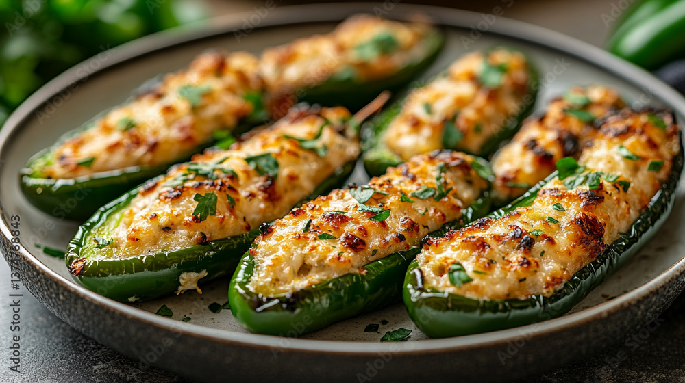 plate of green stuffed jalapeno poppers arranged in a circular pattern, symbolizing bold flavor, spice, and culinary creativity, served on a modern white plate, perfect for a vibrant meal plate of green stuffed jalapeno poppers arranged in a circular pattern, symbolizing bold flavor, spice, and culinary creativity, served on a modern white plate, perfect for a vibrant meal