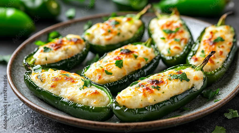 plate of green stuffed jalapeno poppers arranged in a circular pattern, symbolizing bold flavor, spice, and culinary creativity, served on a modern white plate, perfect for a vibrant meal plate of green stuffed jalapeno poppers arranged in a circular pattern, symbolizing bold flavor, spice, and culinary creativity, served on a modern white plate, perfect for a vibrant meal