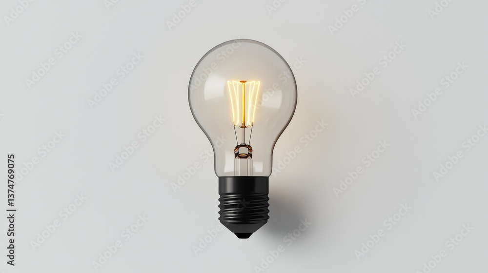 3d rendering of a light bulb. the bulb has a round shape with a black base and a transparent glass dome. inside the dome, there is a filament with a yellow light bulb inside.