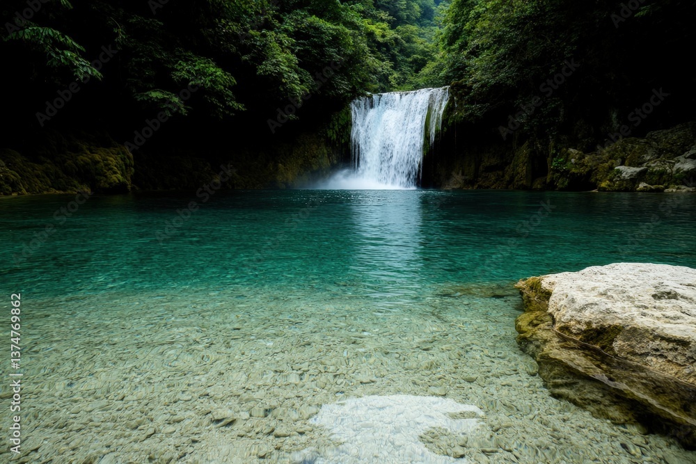 Naklejka premium Embracing nature’s serenity at a tranquil turquoise waterfall surrounded by lush green foliage Generative AI