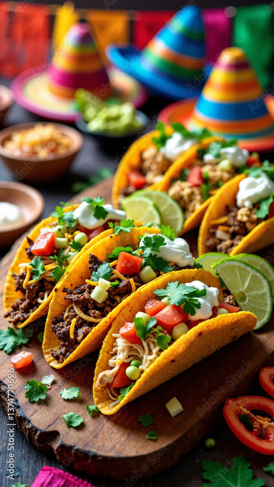 Vibrant fiesta taco platter isolated on transparent background, perfect for Cinco de Mayo, food blogs, menus, and Mexican-themed promotions keywords: taco, platter, fiesta, Cinco de Mayo, Mexican