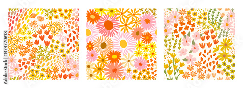 Set of seamless ditsy patterns with various wild meadow flowers. Сolourful cute floral summer backgrounds. Lovely design for wrapping, textile, cover, print, banner, greeting card, label, wallpaper.	