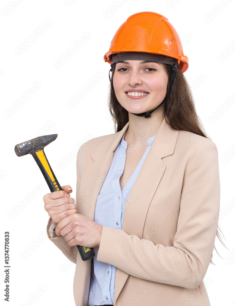 Girl engineer in an orange construction helmet with a hammer on a white background. Girl engineer in an orange construction helmet with a hammer on a white background.