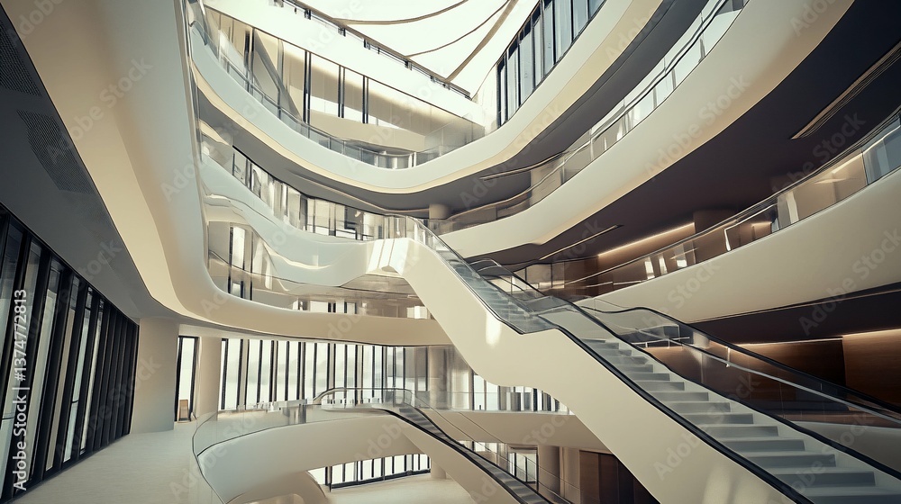 Obraz premium Modern Atrium Design with Curved Balconies suitable for travel brochure