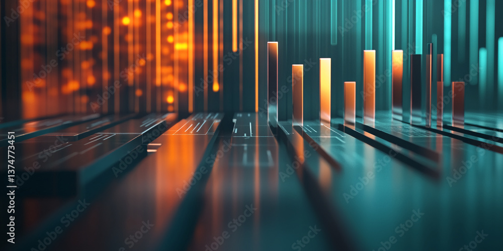 Fototapeta premium Abstract 3D rendering of geometric shapes, orange and teal color scheme, reflective surface, creating a futuristic or technological showcase