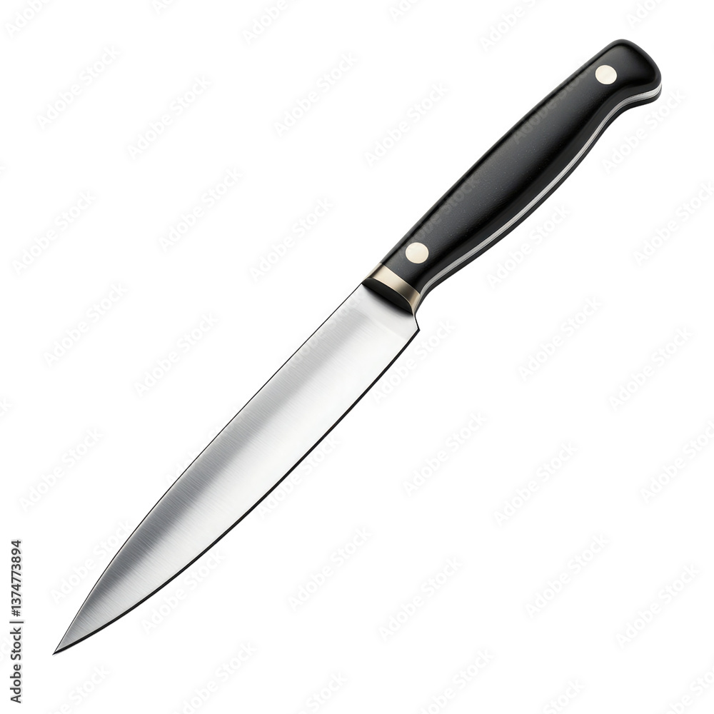 A gleaming chef's knife, poised for action, ready to slice and dice with precision, showcasing its sharp blade and sleek black handle against a stark white background. A gleaming chef's knife, poised for action, ready to slice and dice with precision, showcasing its sharp blade and sleek black handle against a stark white background.