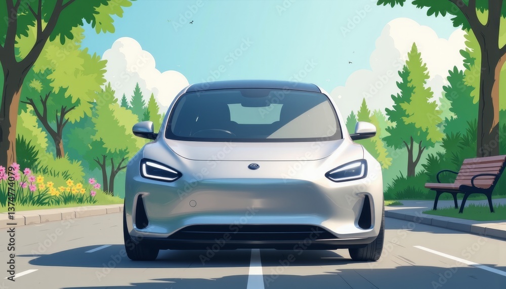 Naklejka premium Modern electric car driving through vibrant suburban park, eco-friendly future