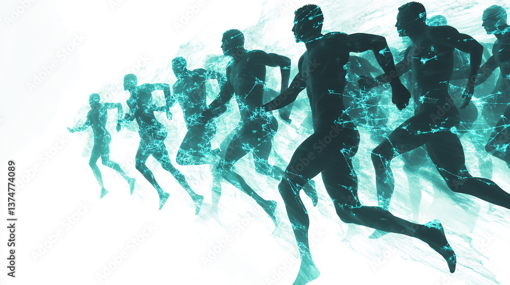 Teal silhouettes of runners, dynamic motion blur, suggesting speed, competition, and teamwork, ideal for sports or technology concepts Teal silhouettes of runners, dynamic motion blur, suggesting speed, competition, and teamwork, ideal for sports or technology concepts