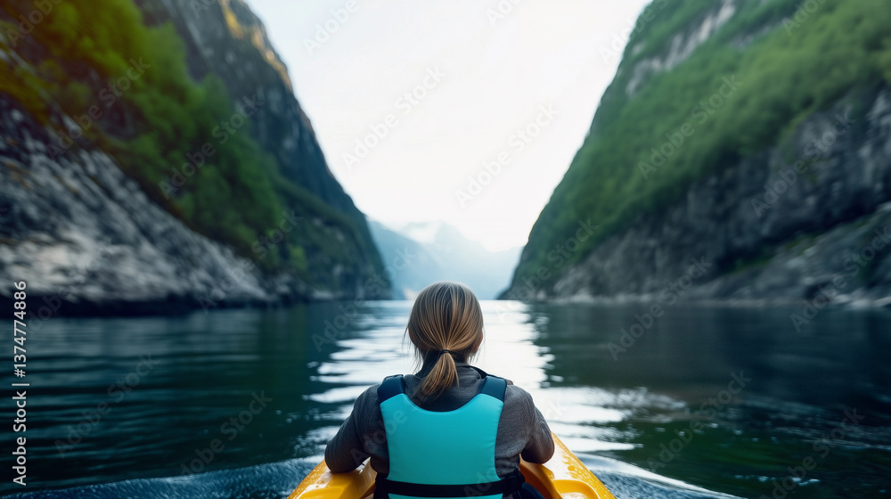 Woman in yellow kayak on a mountain lake exploring nature with adventure and sustainable outdoor tourism