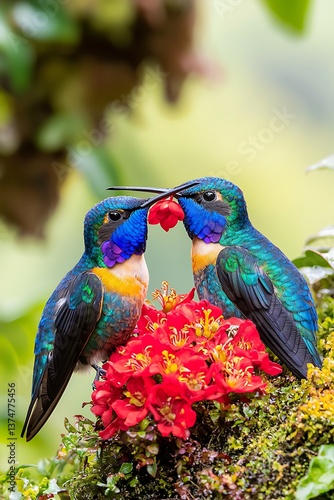 Two hummingbirds feeding with red flowers.
