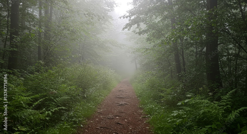 Fototapeta premium Misty forest path surrounded by lush greenery 