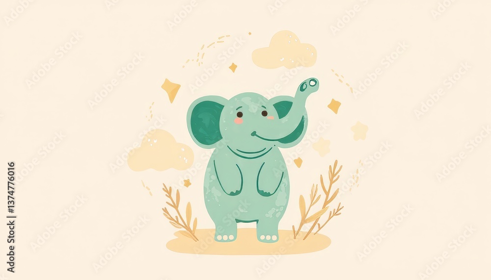 Playful baby elephant illustration surrounded by whimsical clouds, charm Playful baby elephant illustration surrounded by whimsical clouds, charm