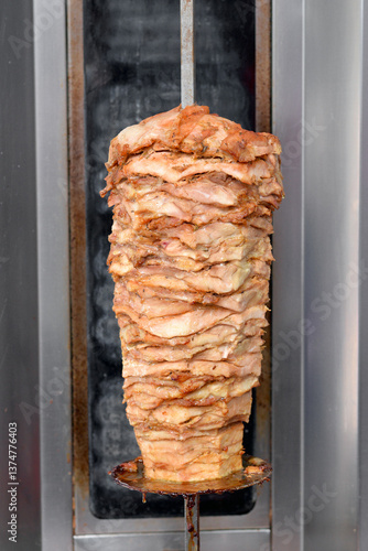 Rotating spit of juicy shawarma meat