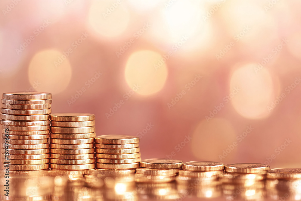 Stacks of gold coins ascending in size against a blurred pink background, symbolizing financial growth and wealth, suitable for business or finance concepts Stacks of gold coins ascending in size against a blurred pink background, symbolizing financial growth and wealth, suitable for business or finance concepts