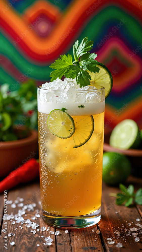 Vibrant Mexican chelada cocktail with lime and cilantro, isolated on transparent background, perfect for beverage ads, restaurant menus, and travel promotions keywords: Mexican, chelada, cocktail
