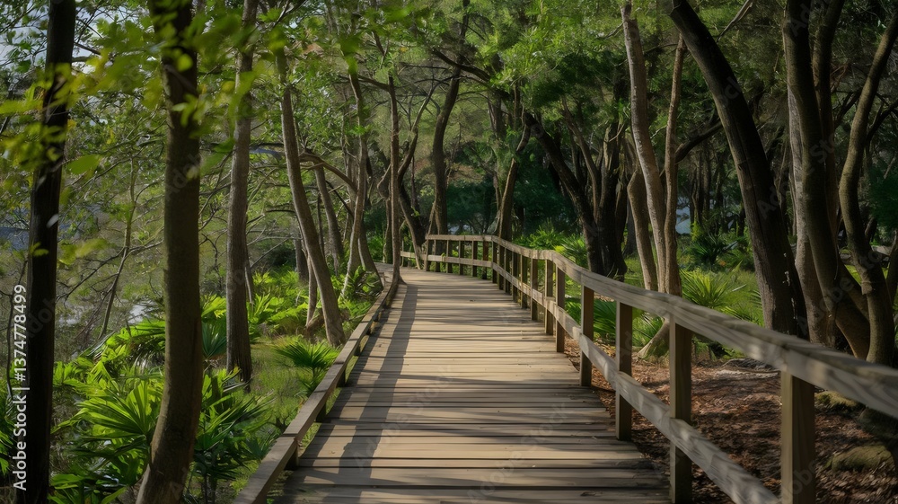 Rustic wooden boardwalk leading through a sunlit green forest Rustic wooden boardwalk leading through a sunlit green forest