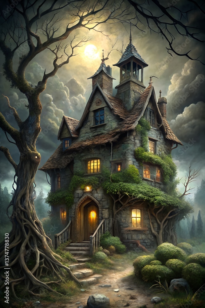 Fototapeta premium Haunted Medieval House in Moonlight