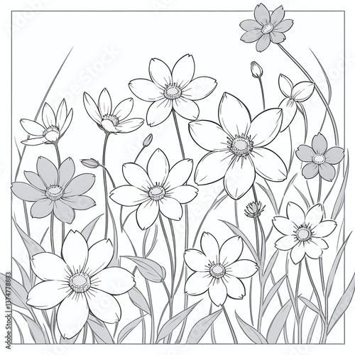 Wallpaper Mural Black and white line art illustration of wildflowers on a white background. Simple floral sketch, perfect for design  Torontodigital.ca