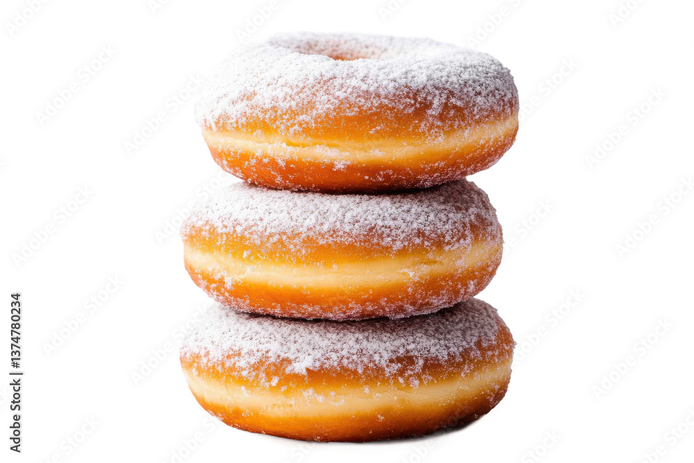 A stack of three powdered donuts against a black background in a studio setting, close up view A stack of three powdered donuts against a black background in a studio setting, close up view