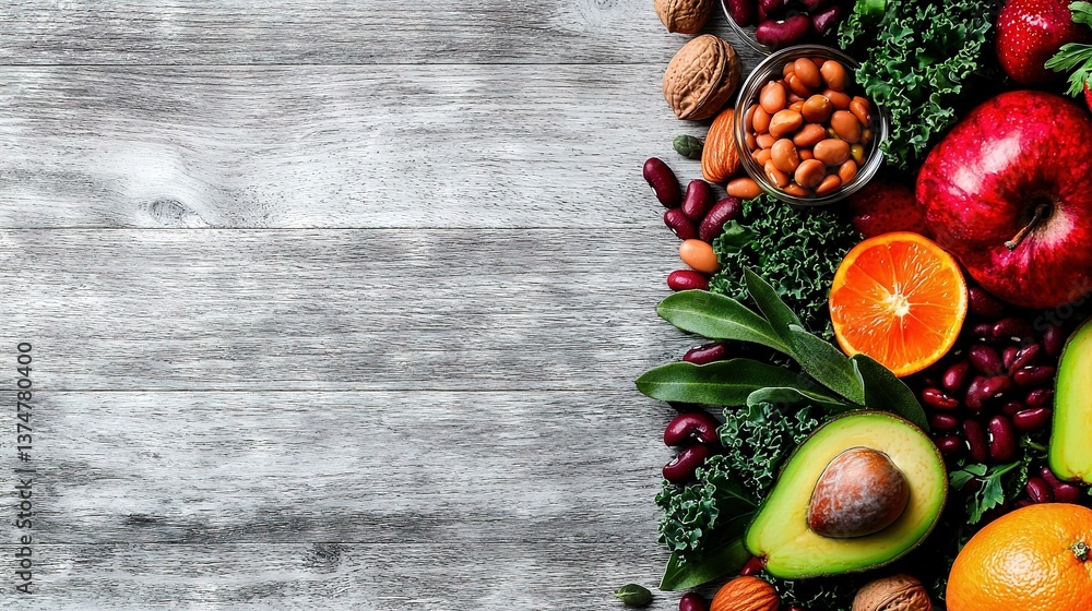 A wooden table holds a variety of fresh fruits and vegetables, along with a bowl of nuts and ripe avocados A wooden table holds a variety of fresh fruits and vegetables, along with a bowl of nuts and ripe avocados