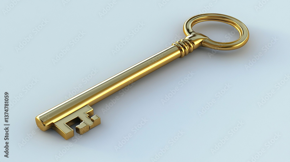3D render of a golden key against a blank background, symbolizing opportunity, access, and unlocking potential. A modern and elegant design representing power and success