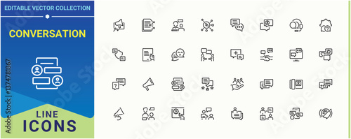 Conversation icon set. Related to message, chat, assist, call, website, info and more. Communication icon set in linear style. Minimal icons collection. Editable stroke. Vector collection.