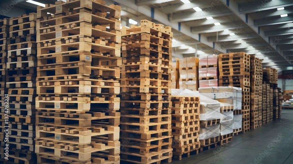 Neatly arranged wooden pallets in large warehouse with lighting Neatly arranged wooden pallets in large warehouse with lighting