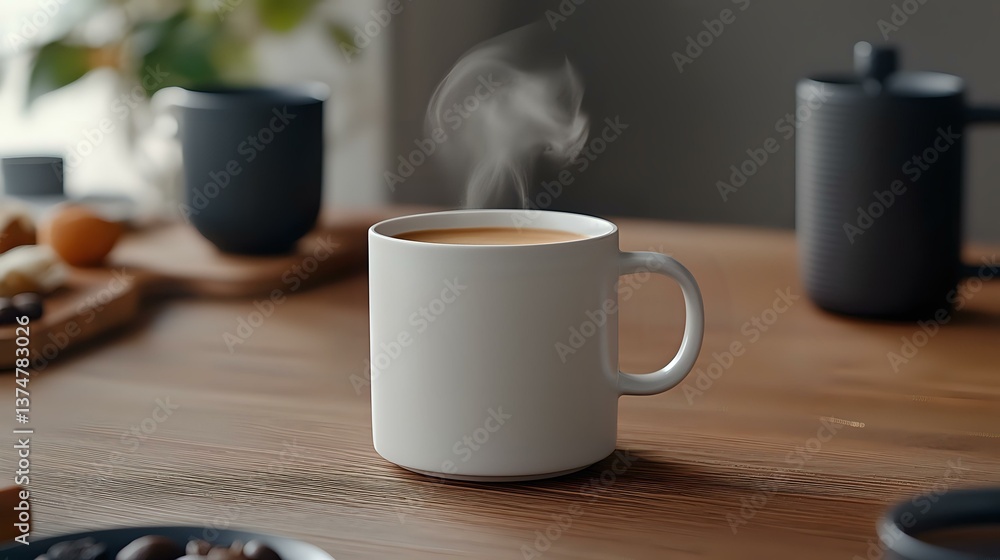 Steaming coffee in minimalist white ceramic mug on wooden table with blurred kitchen background creates cozy morning atmosphere. Perfect for lifestyle blogs. Steaming coffee in minimalist white ceramic mug on wooden table with blurred kitchen background creates cozy morning atmosphere. Perfect for lifestyle blogs.
