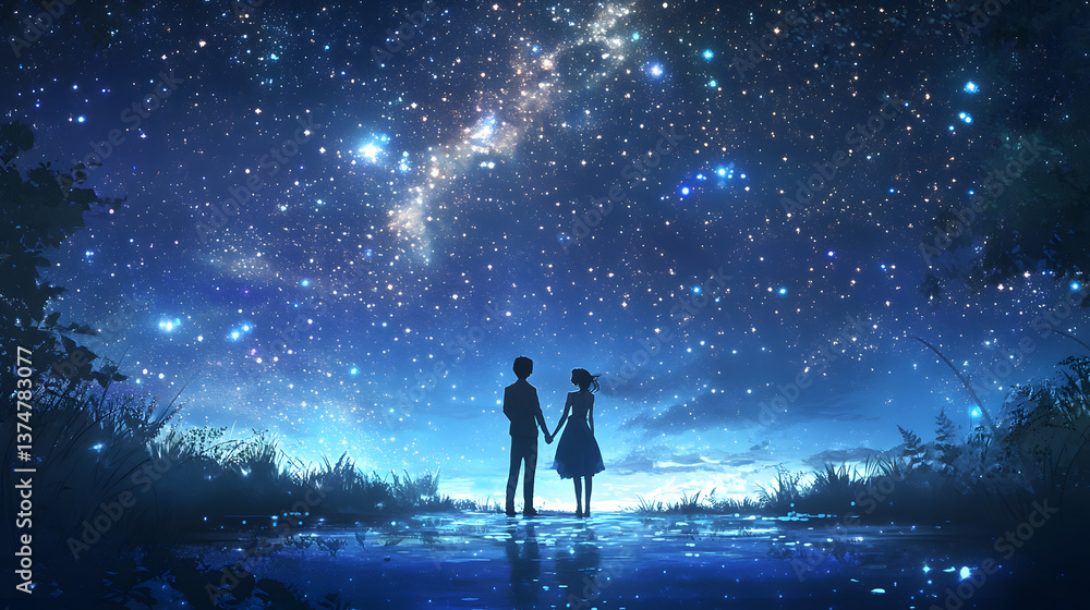 Fototapeta premium A couple standing together holding hands under a sky filled with stars.