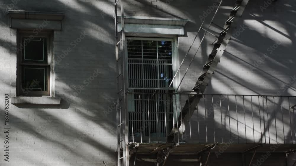 Establishing shot on old brownstone building with fire escape balcony Establishing shot on old brownstone building with fire escape balcony